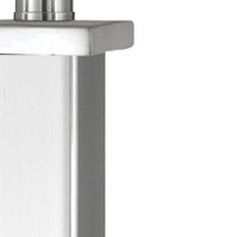 28" Nickel Metal USB Table Lamp With White Shade. Table lamp isolated on a plain white background, finished in silver metal.