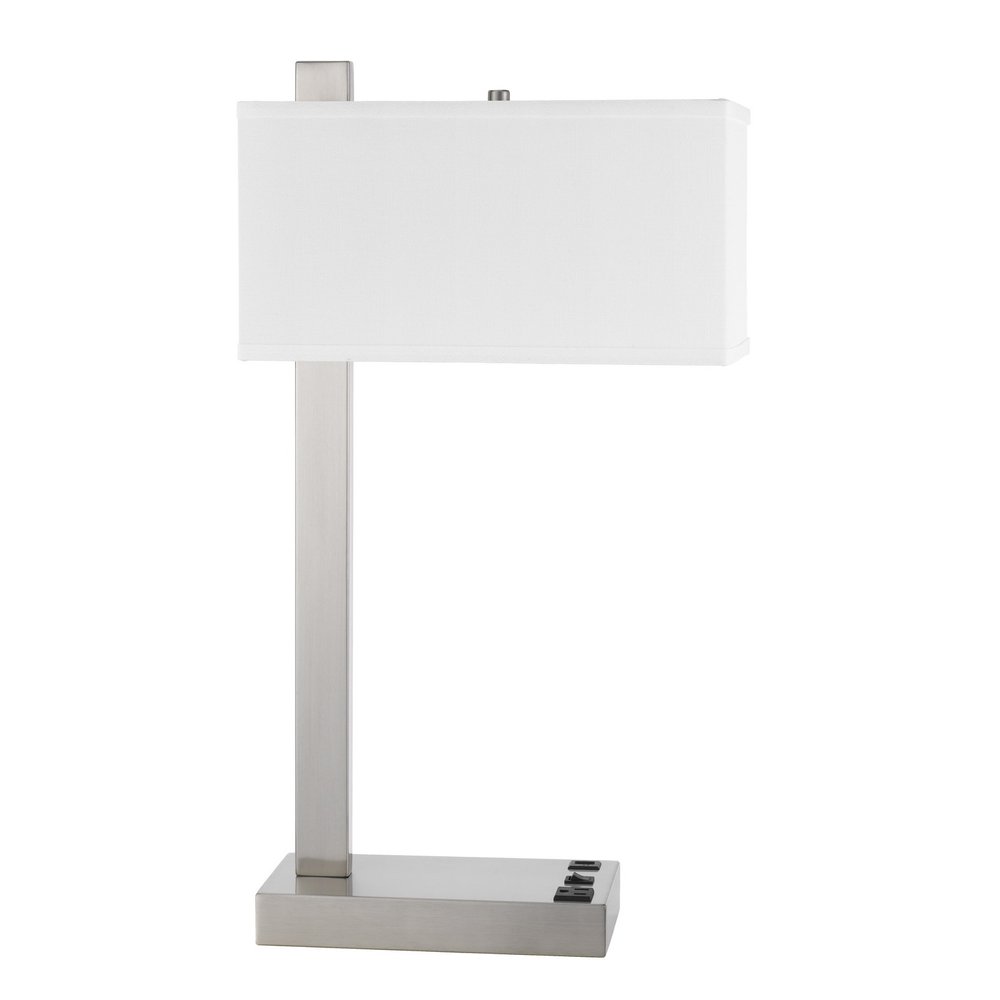 25" Nickel Metal Desk USB Table Lamp With White Shade. Table lamp isolated on a plain white background, showing a silver metal surface.