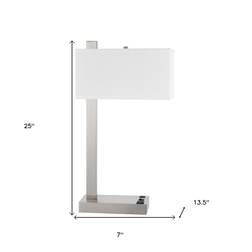 25" Nickel Metal Desk USB Table Lamp With White Shade. Table lamp isolated on a plain white background, in a silver metal finish.