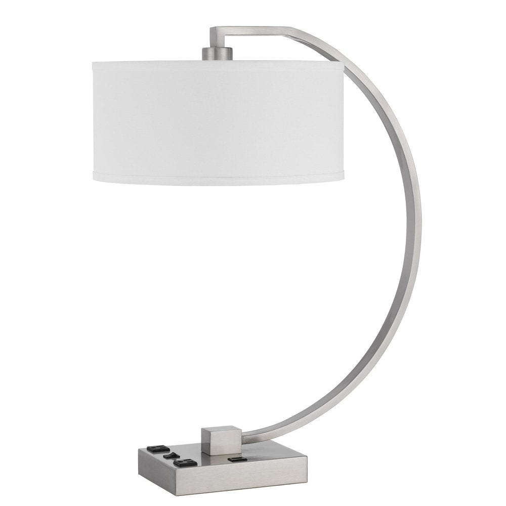 26" Nickel Metal Lantern Desk USB Table Lamp With White Shade. Table lamp isolated on a plain white background, showing a silver metal surface.