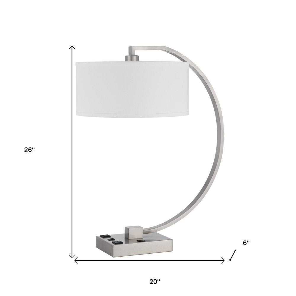 26" Nickel Metal Lantern Desk USB Table Lamp With White Shade. Table lamp isolated on a plain white background, in a silver metal finish.