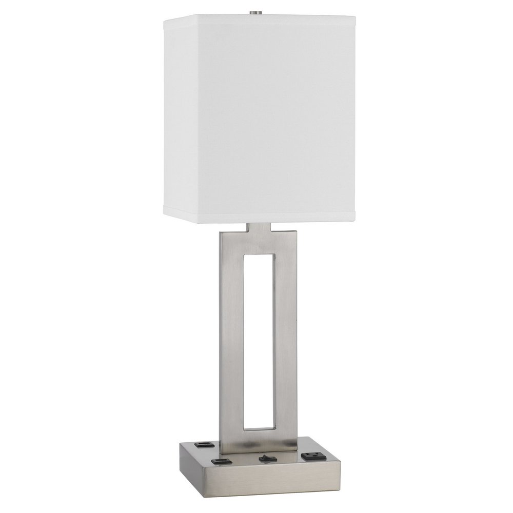 24" Nickel Metal Desk Usb Table Lamp With White Drum Shade. Table lamp isolated on a plain white background, in a silver metal finish.