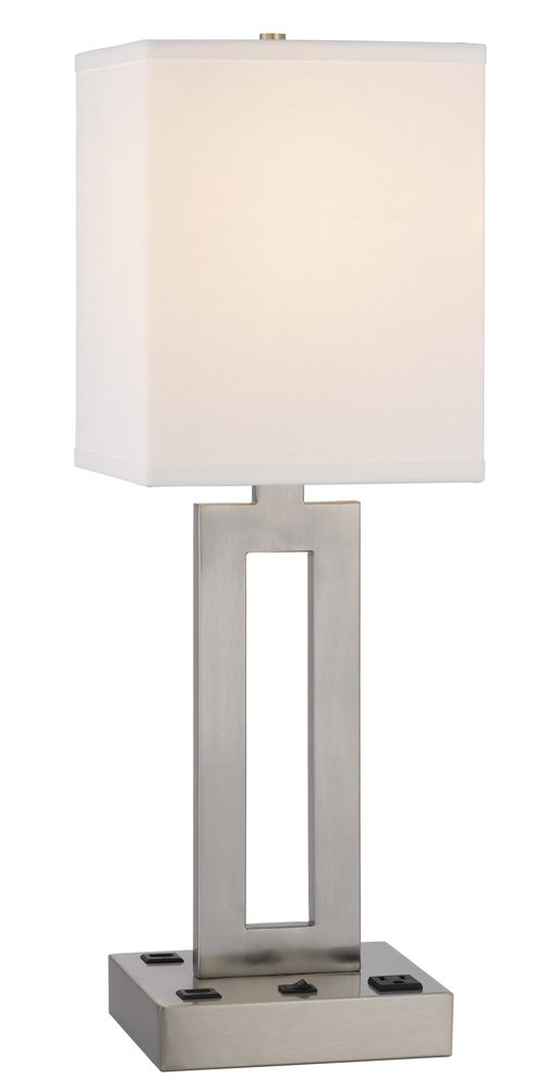 24" Nickel Metal Desk Usb Table Lamp With White Drum Shade. Table lamp isolated on a plain white background, showing a silver metal surface.