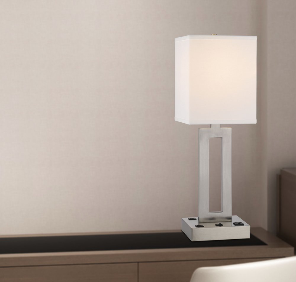 Close-up of 24" Nickel Metal Desk Usb Table Lamp With White Drum Shade showing the white metal texture.