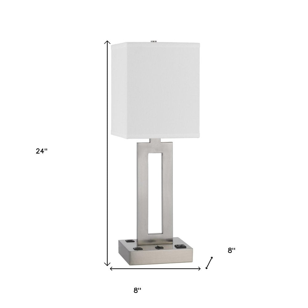 24" Nickel Metal Desk Usb Table Lamp With White Drum Shade. Table lamp isolated on a plain white background, showing a silver metal surface.