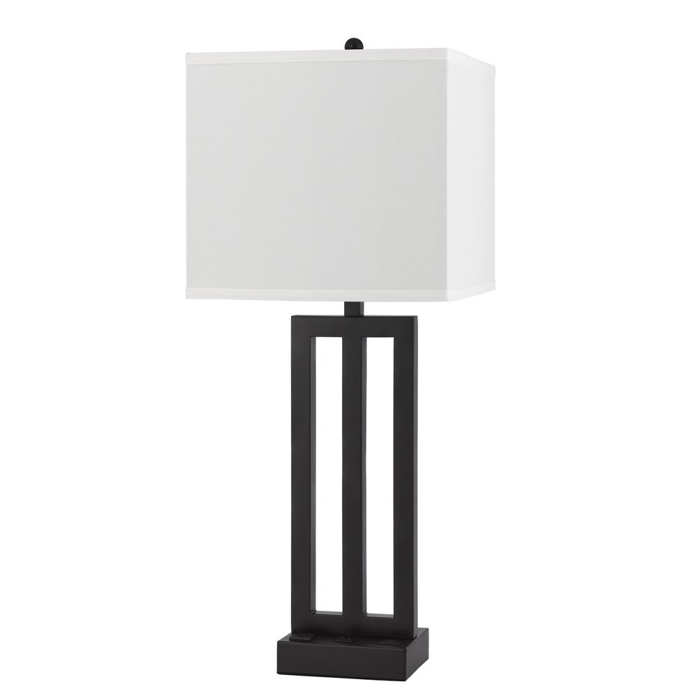 30" Black Metal USB Table Lamp With White Shade. Table lamp isolated on a plain white background, finished in black metal.
