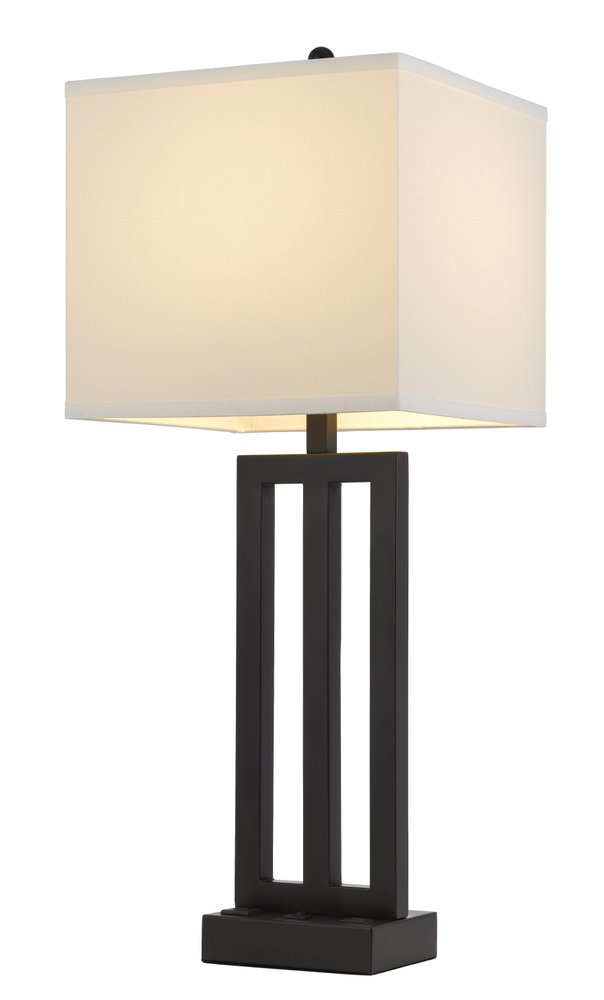 30" Black Metal USB Table Lamp With White Shade. Table lamp isolated on a plain white background, in a black metal finish.