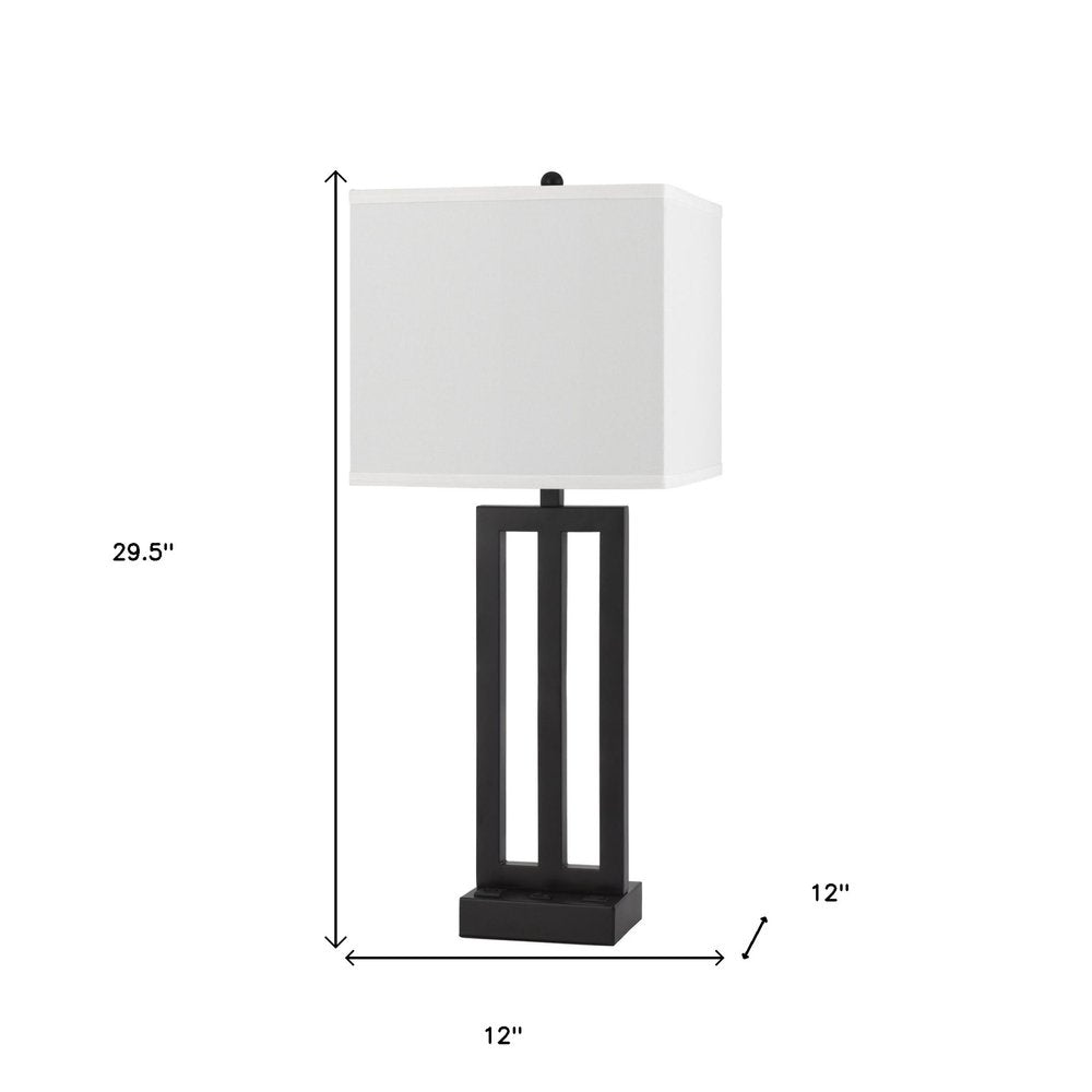 30" Black Metal USB Table Lamp With White Shade. Table lamp isolated on a plain white background, showing a black metal surface.