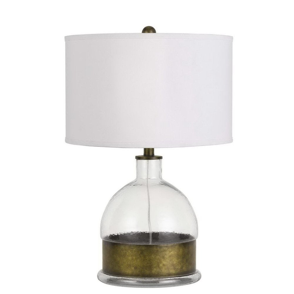 25" Nickel Glass Globe Table Lamp With White Drum Shade. Table lamp isolated on a plain white background, in a silver glass finish.