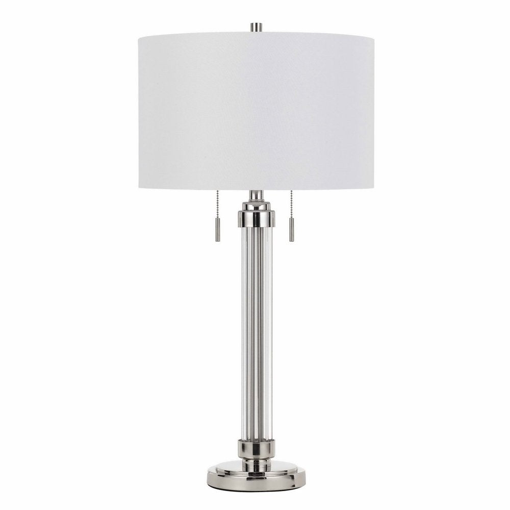 31" Silver Metallic Metal Two Light Cylinder Table Lamp With White Drum Shade. Table lamp isolated on a plain white background, showing a silver metal surface.