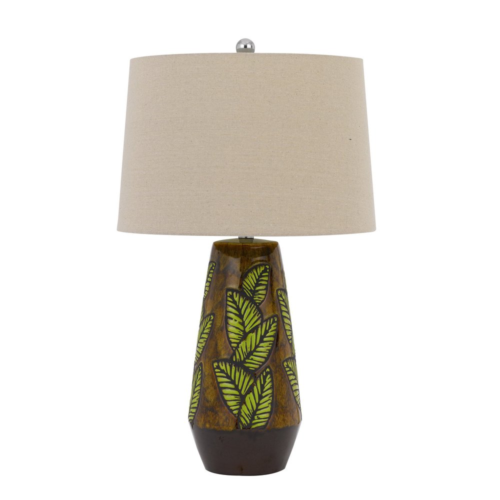 29" Brown Ceramic Cylinder Table Lamp With Tan Empire Shade. Table lamp isolated on a plain white background, showing a brown ceramic surface.