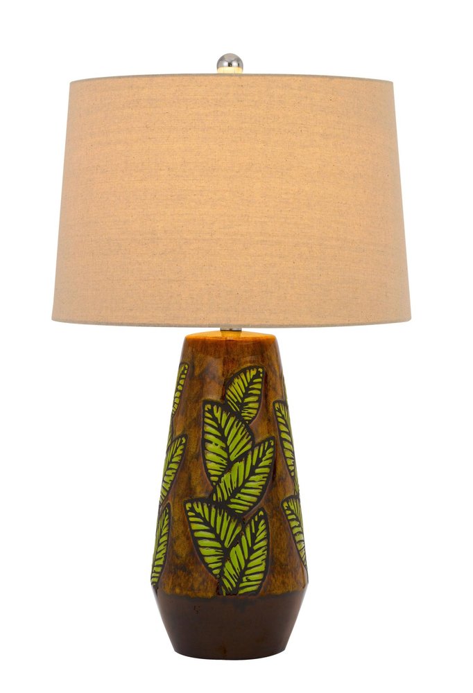 29" Brown Ceramic Cylinder Table Lamp With Tan Empire Shade. Table lamp isolated on a plain white background, in a brown ceramic finish.