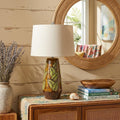 29" Brown Ceramic Cylinder Table Lamp With Tan Empire Shade. Table lamp in brown ceramic.