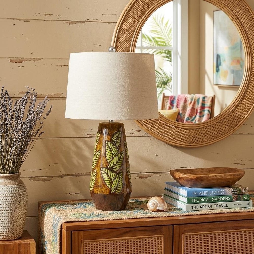 29" Brown Ceramic Cylinder Table Lamp With Tan Empire Shade. Table lamp in brown ceramic.