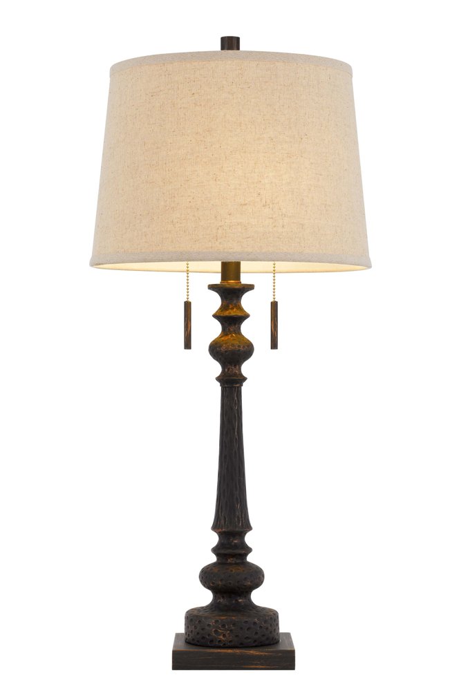 32" Charcoal Two Light Table Lamp With Tan Drum Shade. Table lamp isolated on a plain white background, in a charcoal finish.