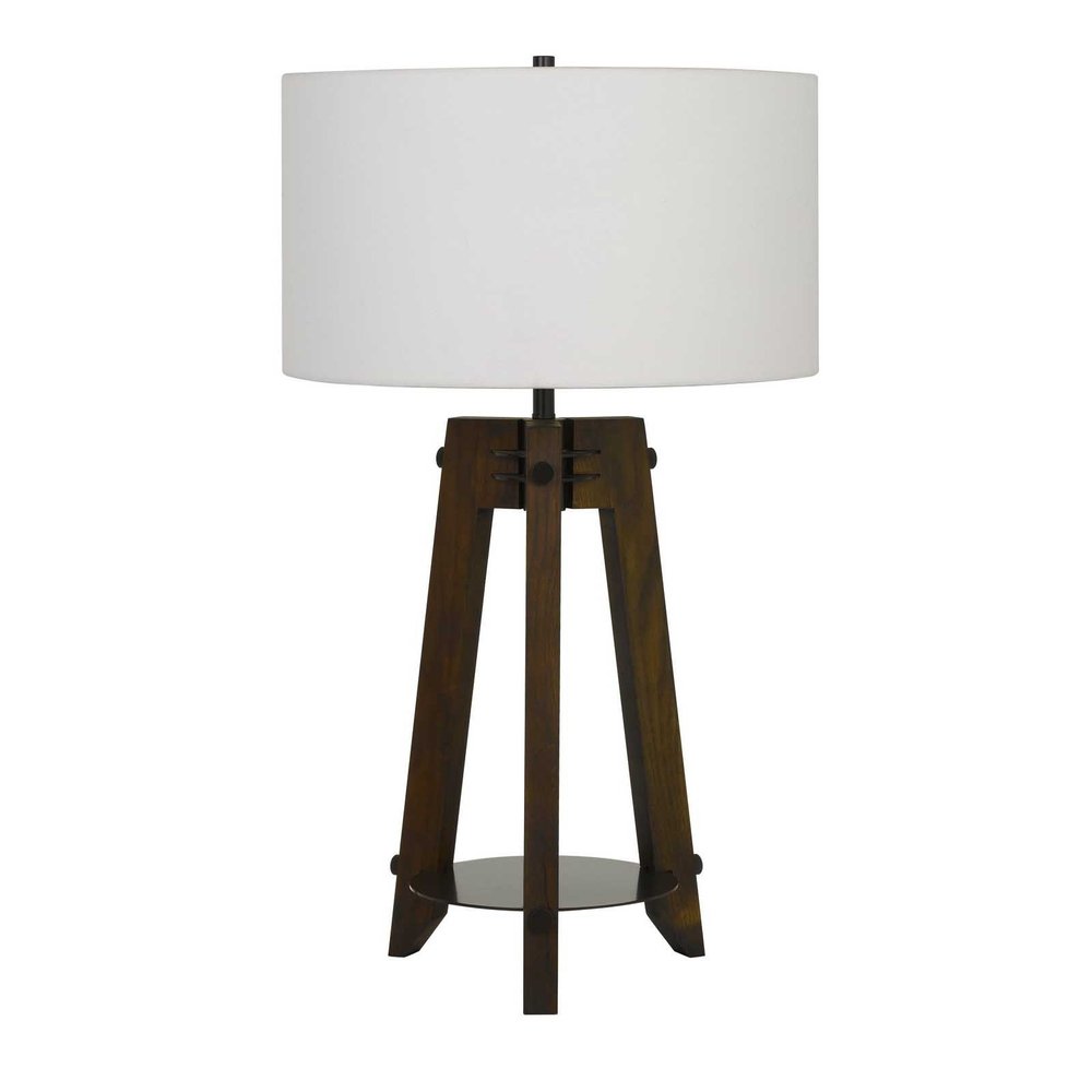 32" Brown Metal Tripod Table Lamp With Off White Drum Shade. Table lamp isolated on a plain white background, finished in off-white metal.