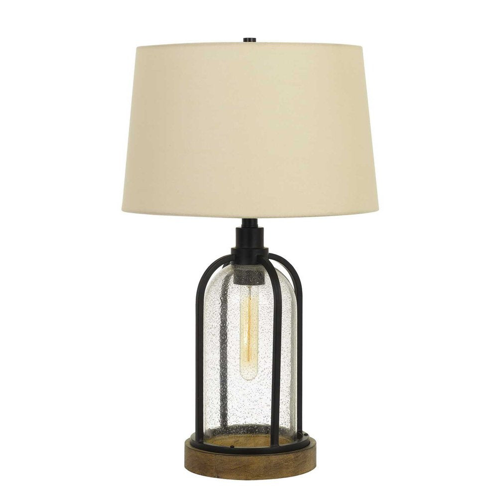 27" Brown Metal Two Light Globe Table Lamp With Eggshell Empire Shade. Table lamp isolated on a plain white background, showing a metal surface.