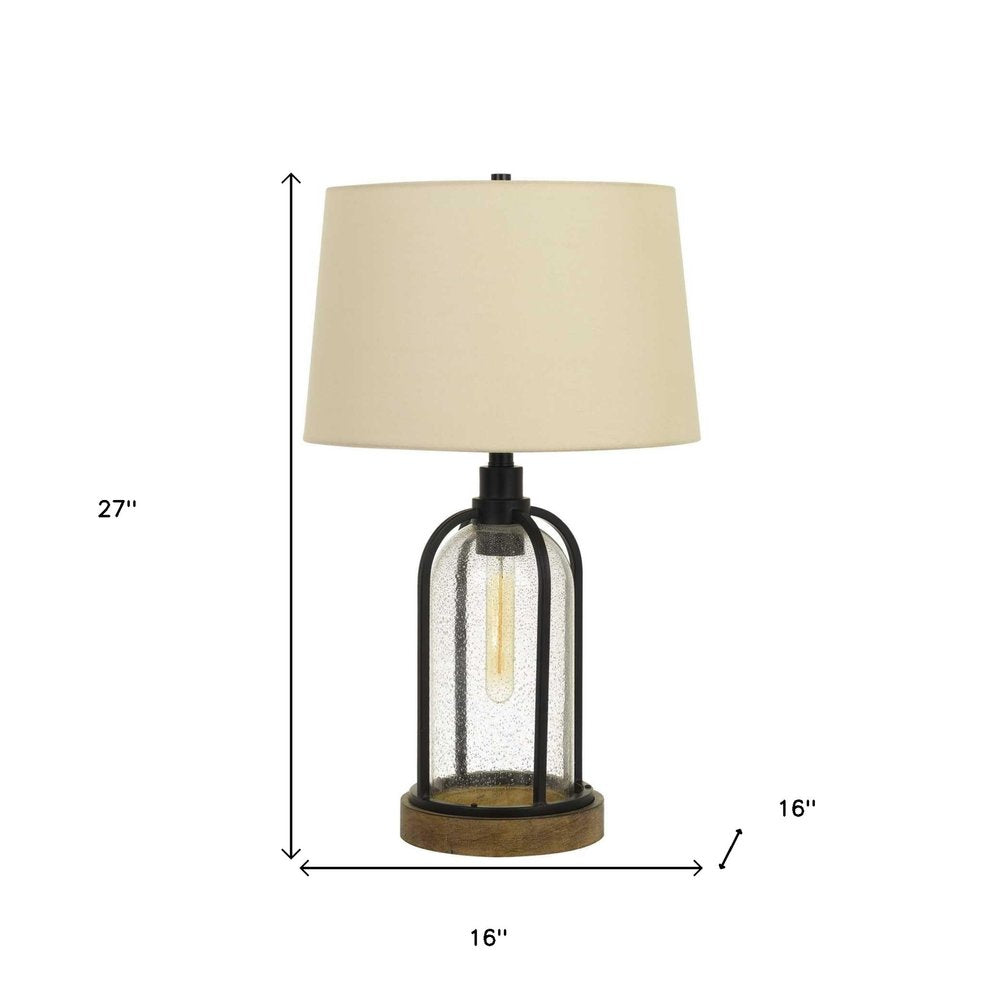 27" Brown Metal Two Light Globe Table Lamp With Eggshell Empire Shade. Table lamp isolated on a plain white background, showing a metal surface.