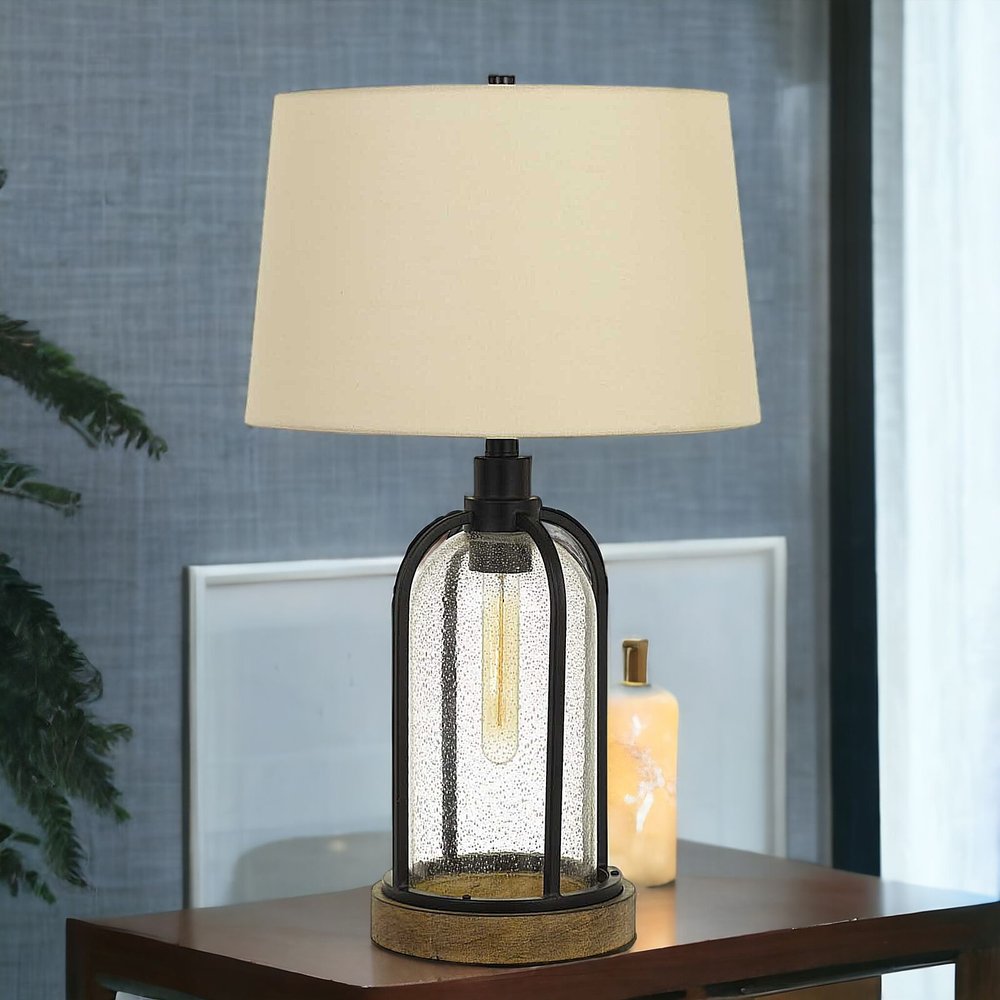 27" Brown Metal Two Light Globe Table Lamp With Eggshell Empire Shade.