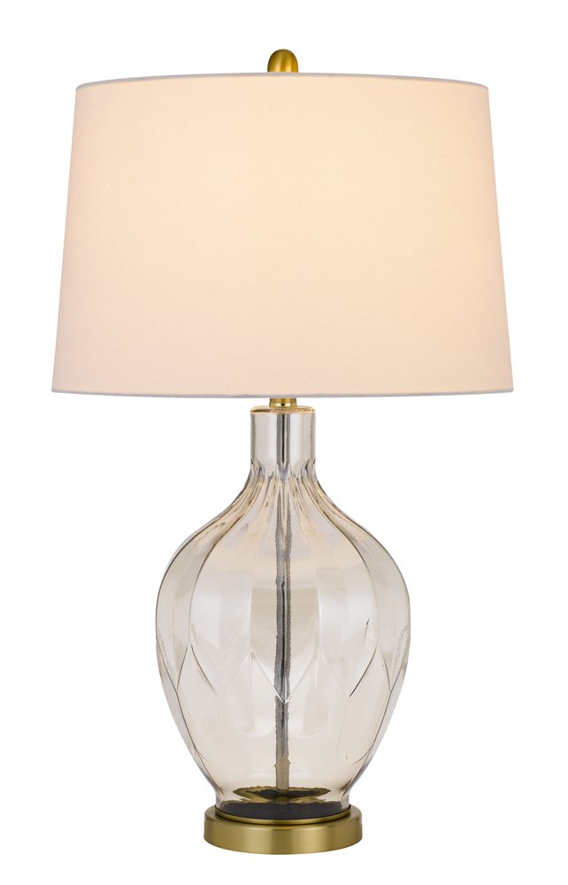 30" Clear Metal Table Lamp With Off White Drum Shade. Table lamp isolated on a plain white background, finished in off-white metal.