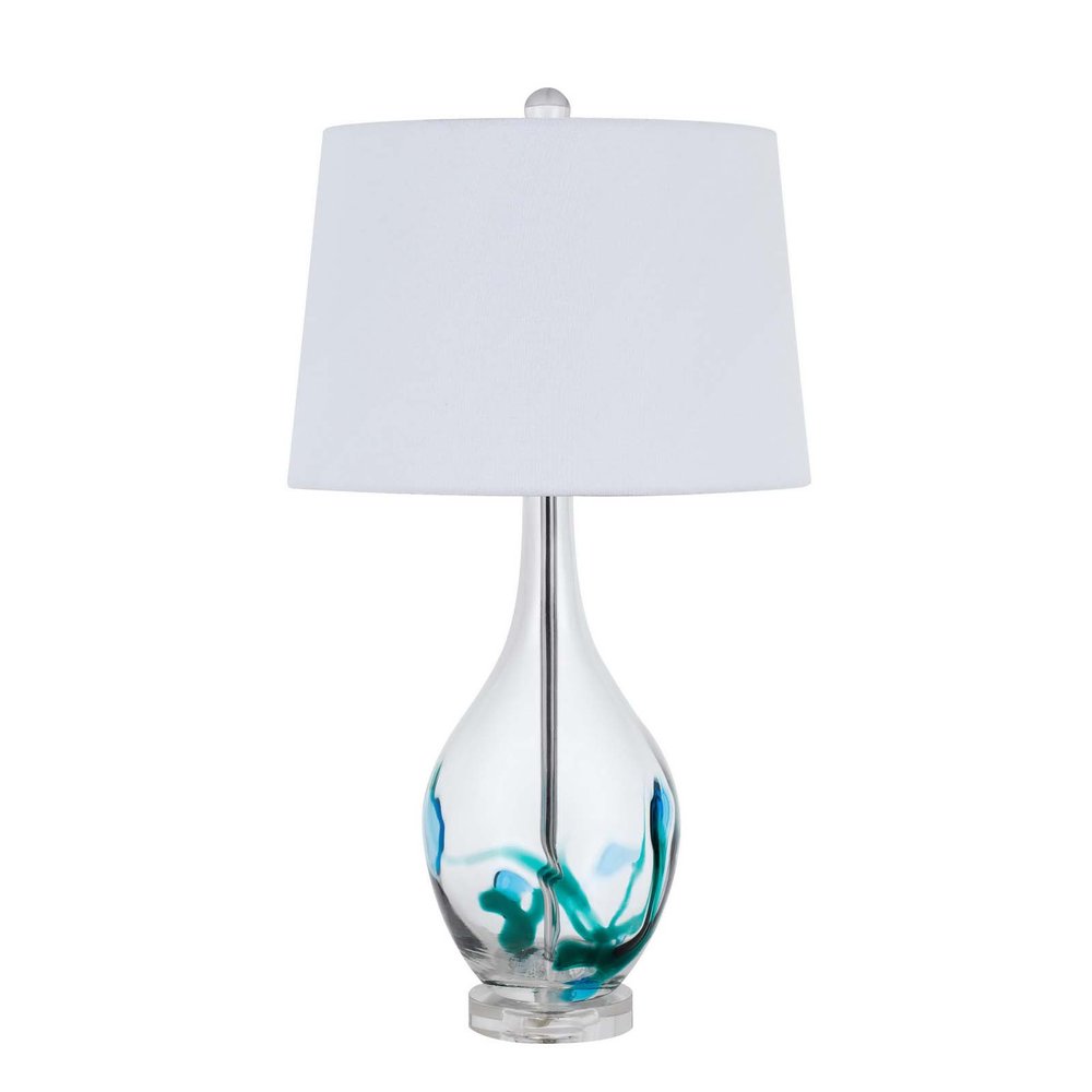 27" Clear Glass Table Lamp With White Empire Shade. Table lamp isolated on a plain white background, showing a white glass surface.