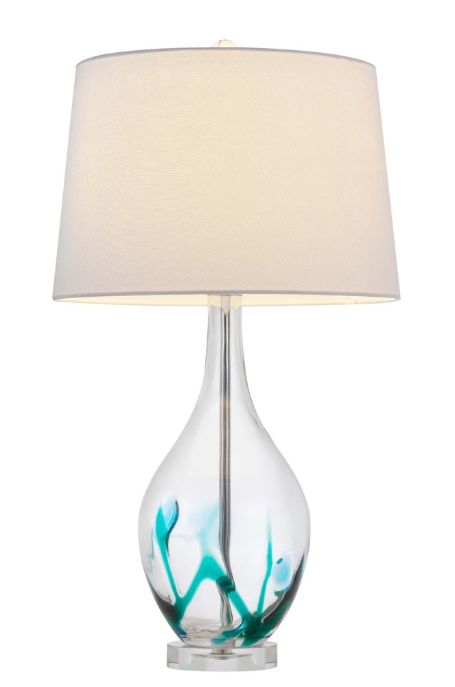 27" Clear Glass Table Lamp With White Empire Shade. Table lamp isolated on a plain white background, finished in white glass.
