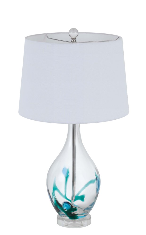 27" Clear Glass Table Lamp With White Empire Shade. Table lamp isolated on a plain white background, showing a white glass surface.