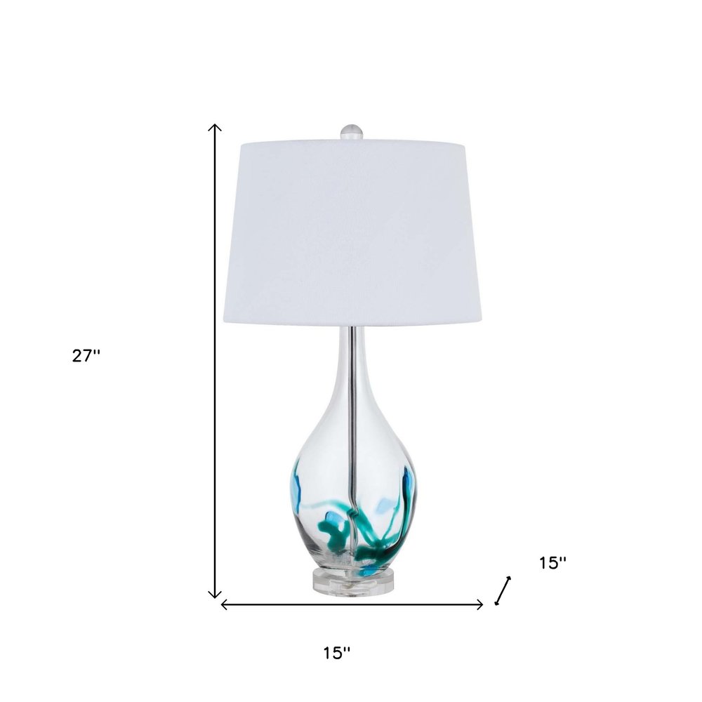 27" Clear Glass Table Lamp With White Empire Shade. Table lamp isolated on a plain white background, in a white glass finish.