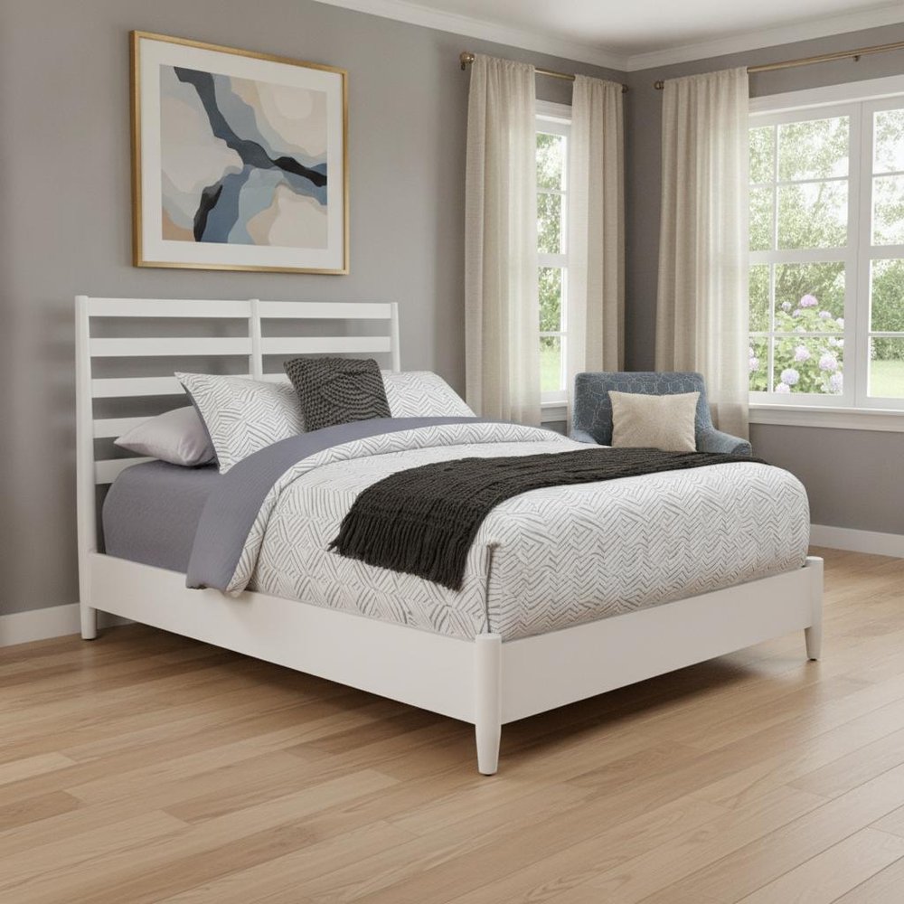 White Slat Back Solid Wood Queen Bed Frame