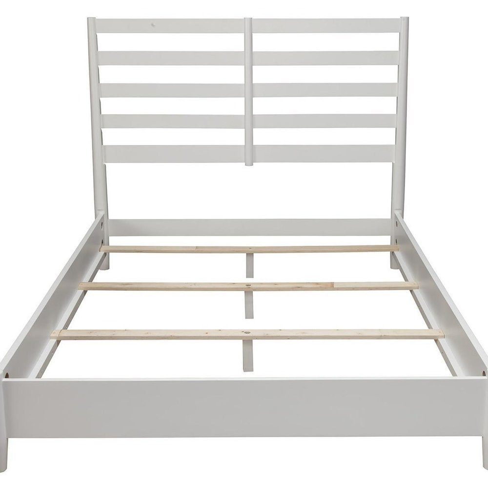 White Slat Back Solid Wood Queen Bed Frame on a white background