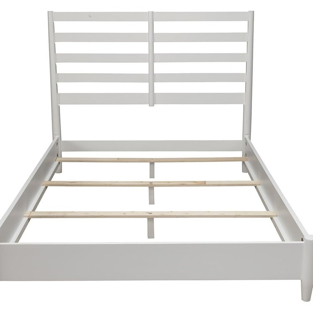 White Slat Back Solid Wood Queen Bed Frame on a white background
