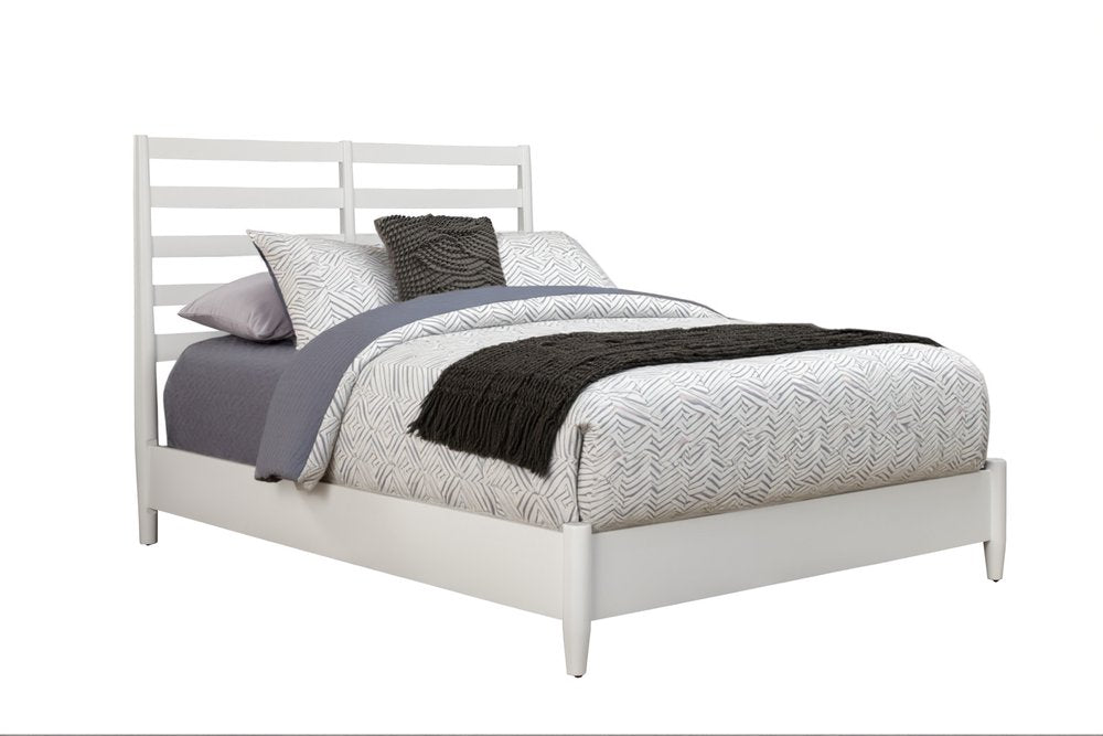 White Slat Back Solid Wood Queen Bed Frame on a white background