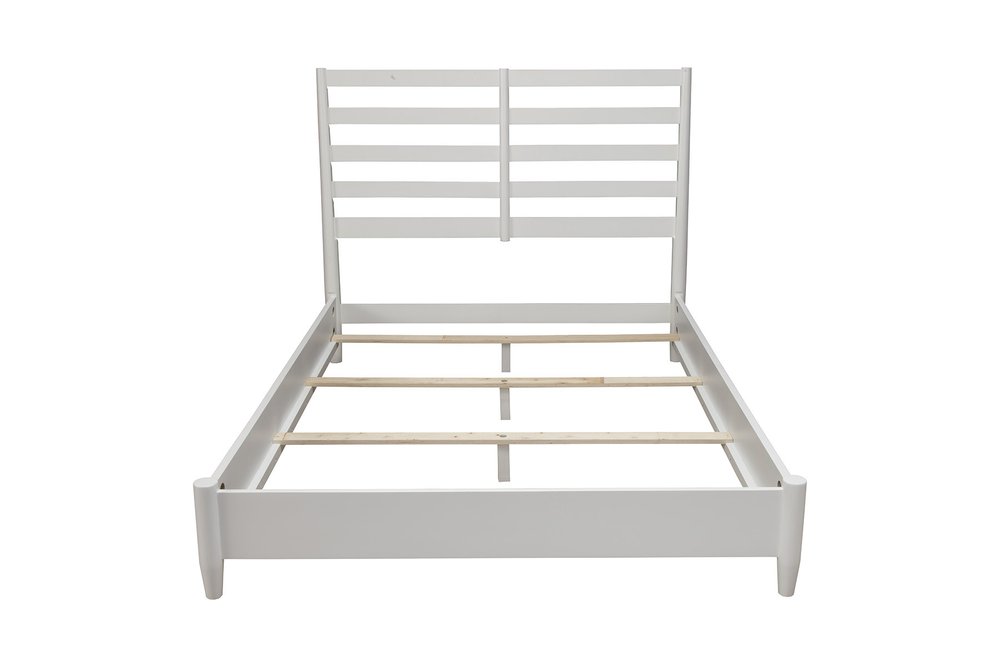 White solid wood full bed frame with slat back headboard and wooden slats, isolated on white background.