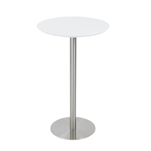 A white round tabletop on a silver steel pedestal base and round foot, isolated on a white background.