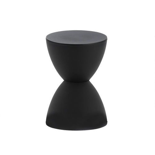 Black hourglass-shaped side table with a matte finish on a white background.
