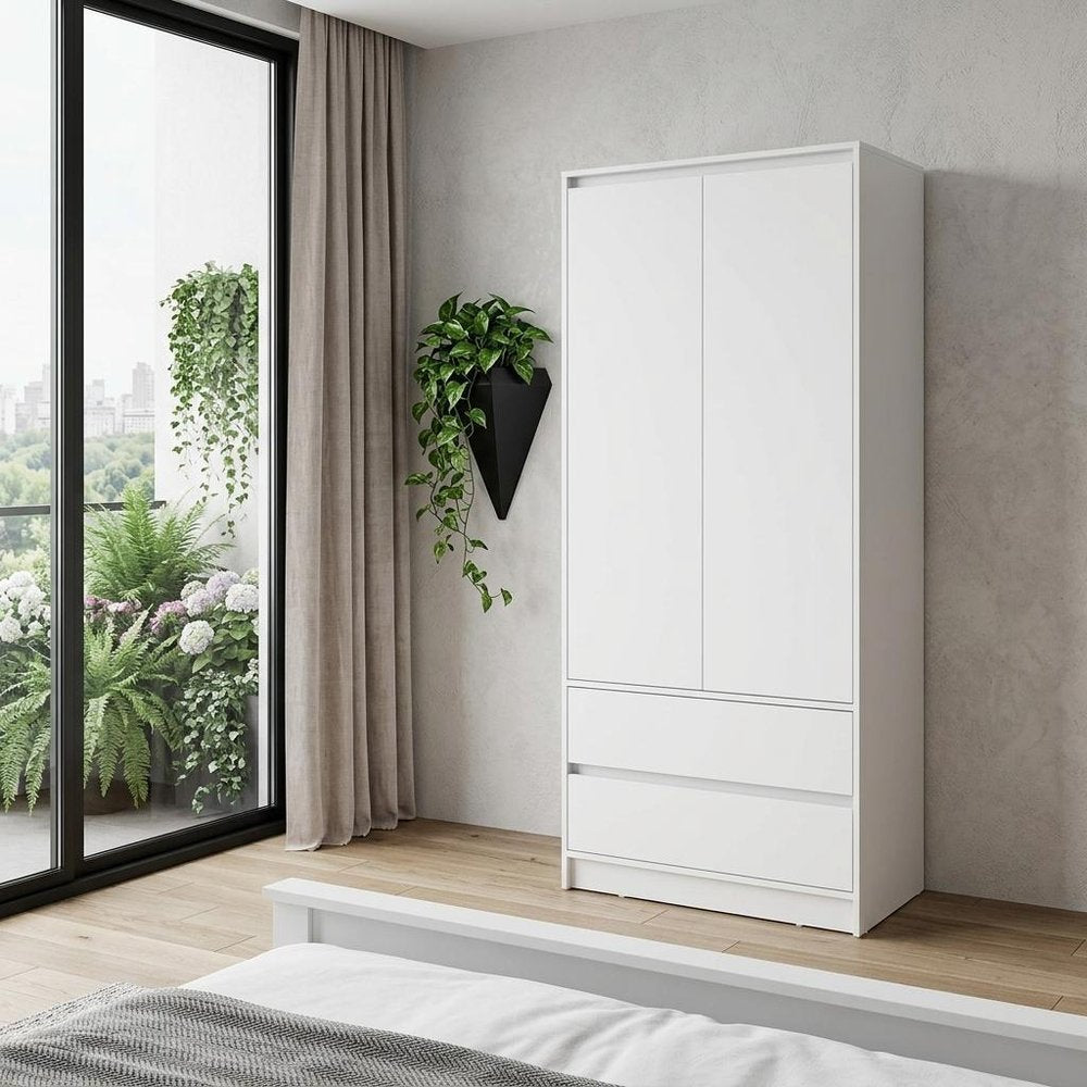 71" White Wood Two Door Two Drawer Combo Dresser on a white background