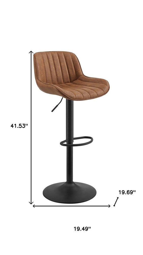 Set of Two Brown And Black Faux Leather And Steel Low Back Adjustable Height Swivel Bar Chairs on a white background