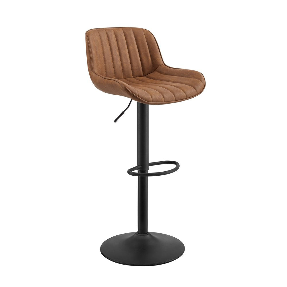 Set of Two Brown and Black Faux Leather and Steel Low Back Adjustable Height Swivel Bar Chairs