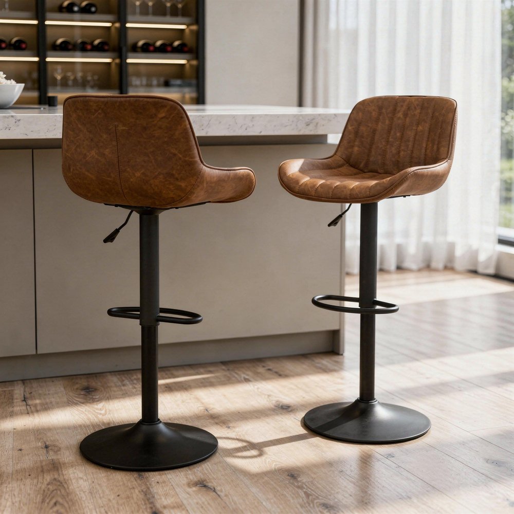 Set of Two Brown And Black Faux Leather And Steel Low Back Adjustable Height Swivel Bar Chairs in a home interior