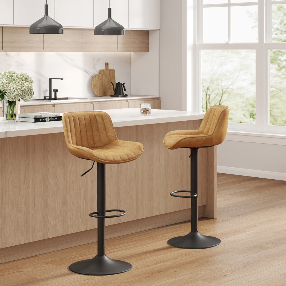 Set of Two Brown and Black Faux Leather and Steel Low Back Adjustable Height Swivel Bar Chairs
