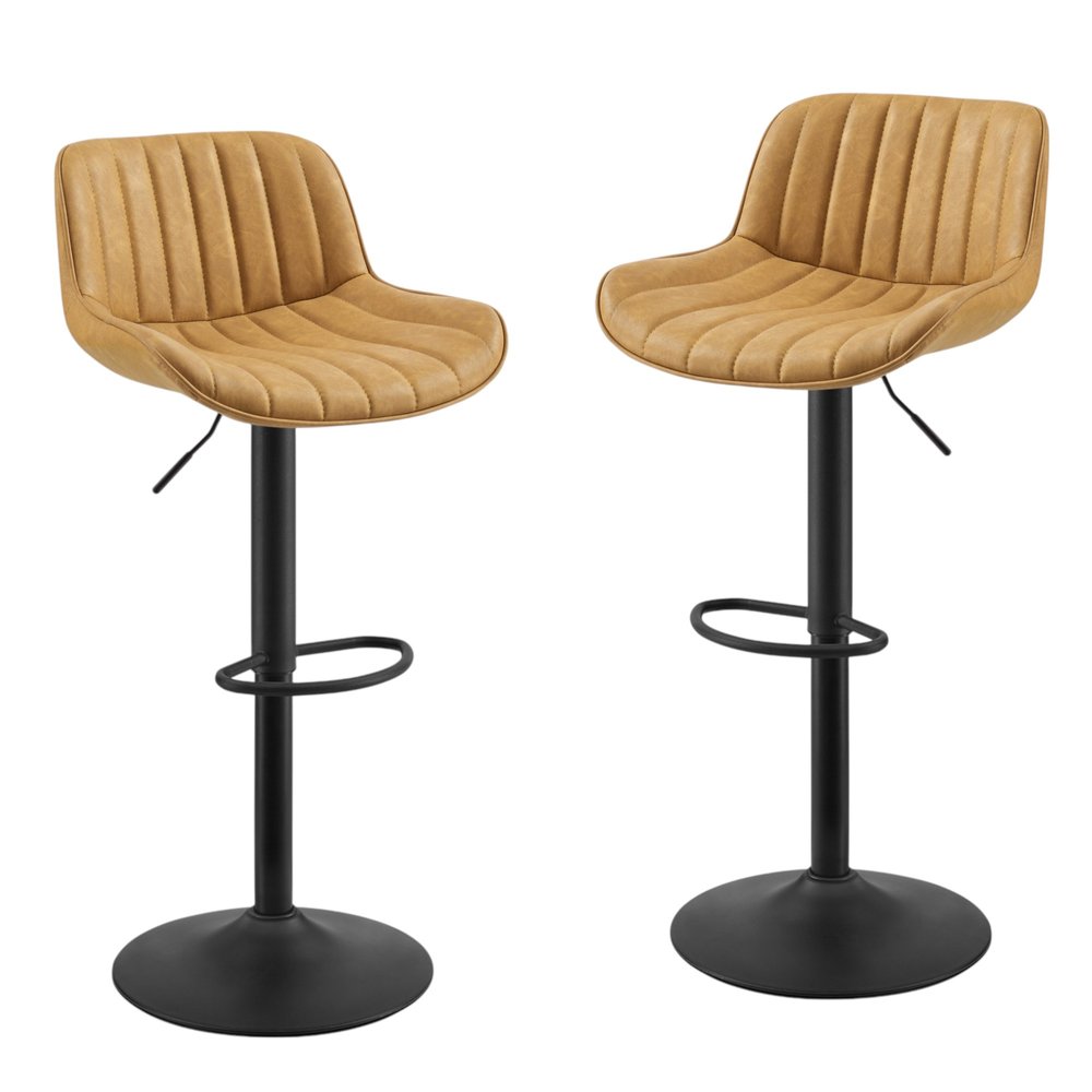 Set of Two Brown And Black Faux Leather And Steel Low Back Adjustable Height Swivel Bar Chairs on a white background