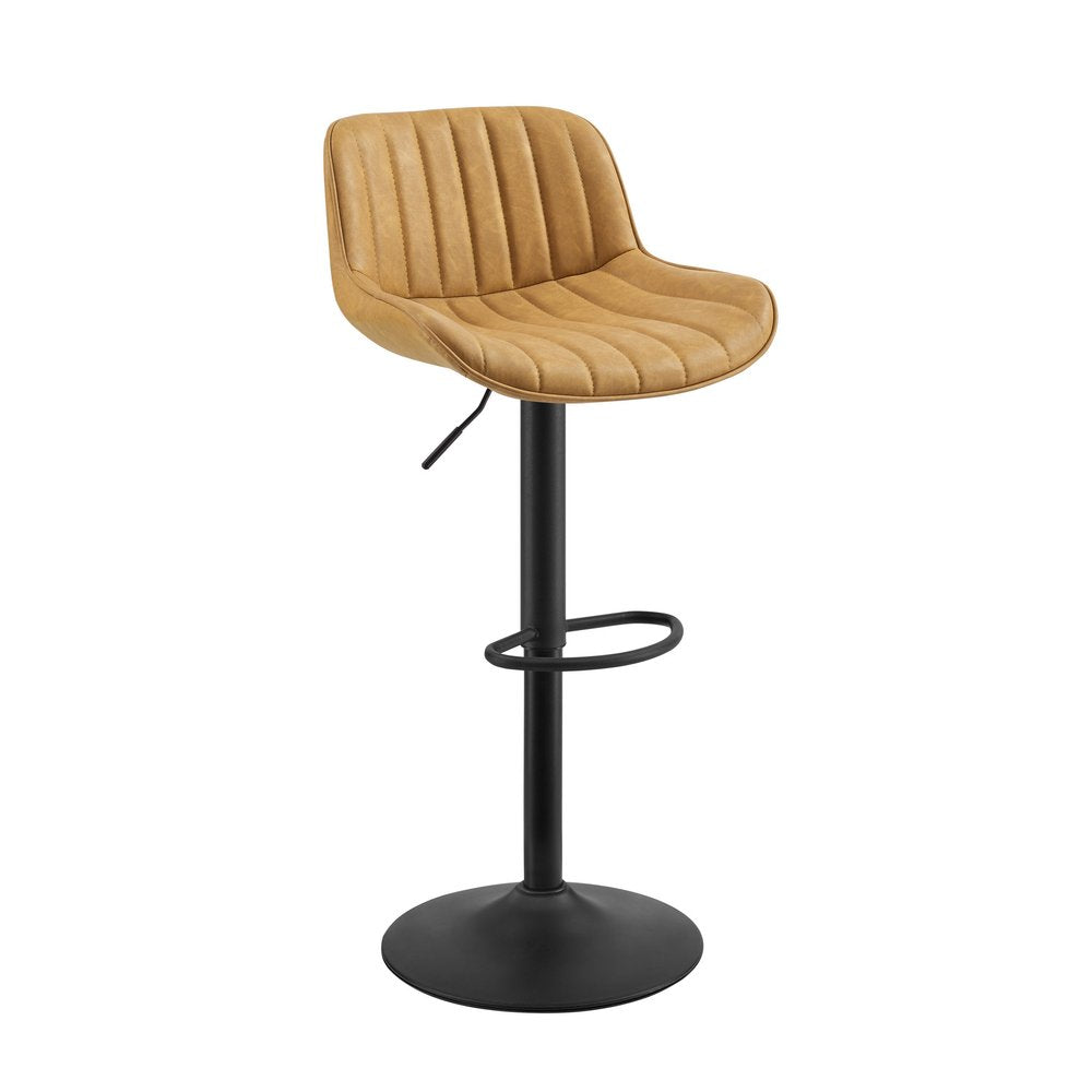 Set of Two Brown And Black Faux Leather And Steel Low Back Adjustable Height Swivel Bar Chairs on a white background