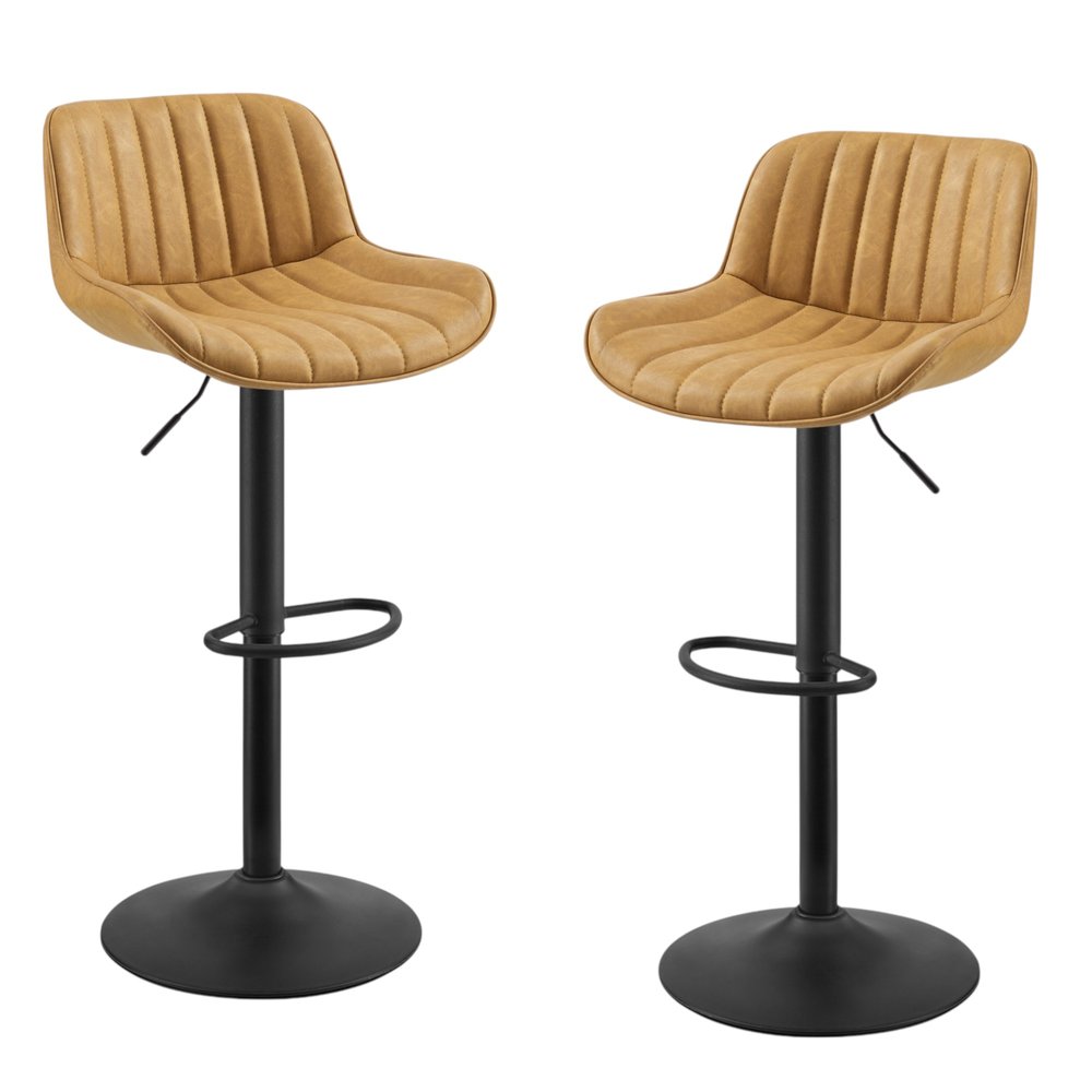 Set of Two Brown And Black Faux Leather And Steel Low Back Adjustable Height Swivel Bar Chairs on a white background