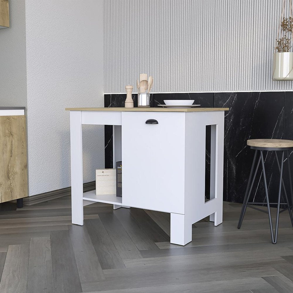 White and Natural 35" Kitchen Island With Storage in a home interior