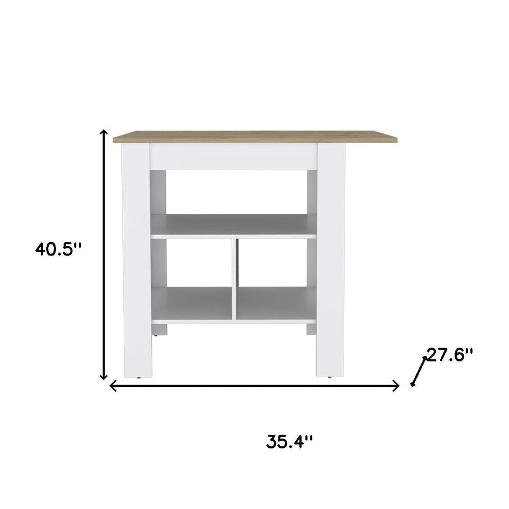 35" Natural and White Wood Kitchen Island With Storage. Kitchen cart isolated on a plain white background, showing a white wood surface.