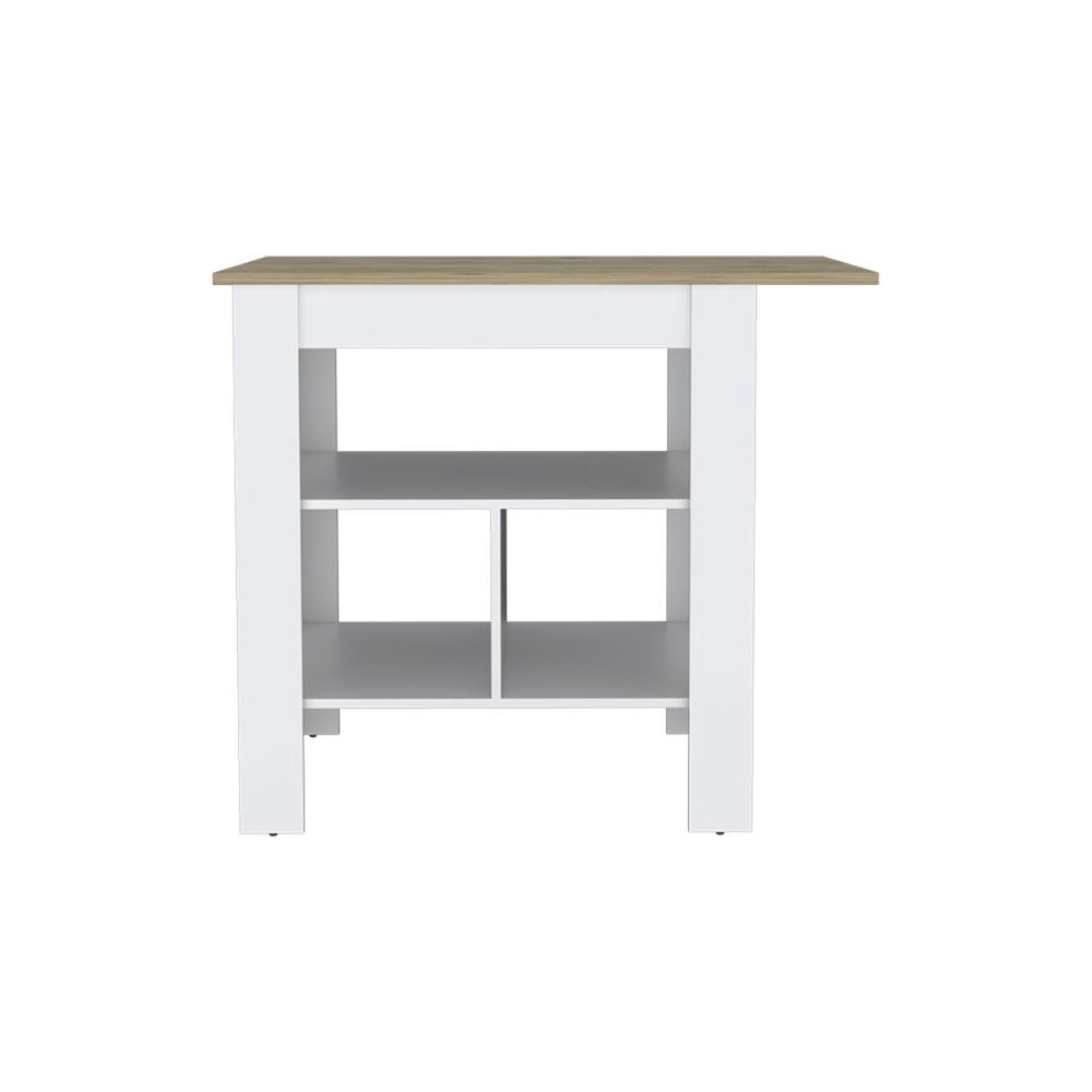 White and natural wood kitchen island with three shelves against a white background.