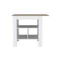 35" Natural and White Wood Kitchen Island With Storage. Kitchen cart isolated on a plain white background, finished in white wood.