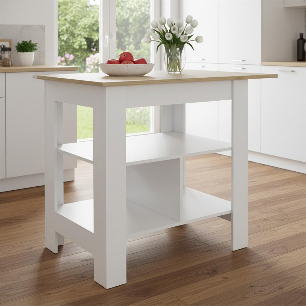 35" Natural and White Wood Kitchen Island With Storage styled in a furnished interior with a light gray wall on a dark wood floor.