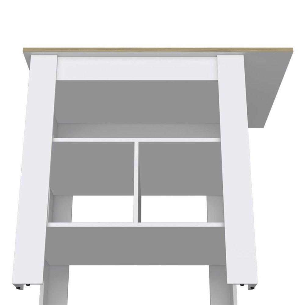 35" Natural and White Wood Kitchen Island With Storage. Kitchen cart isolated on a plain white background, showing a white wood surface.