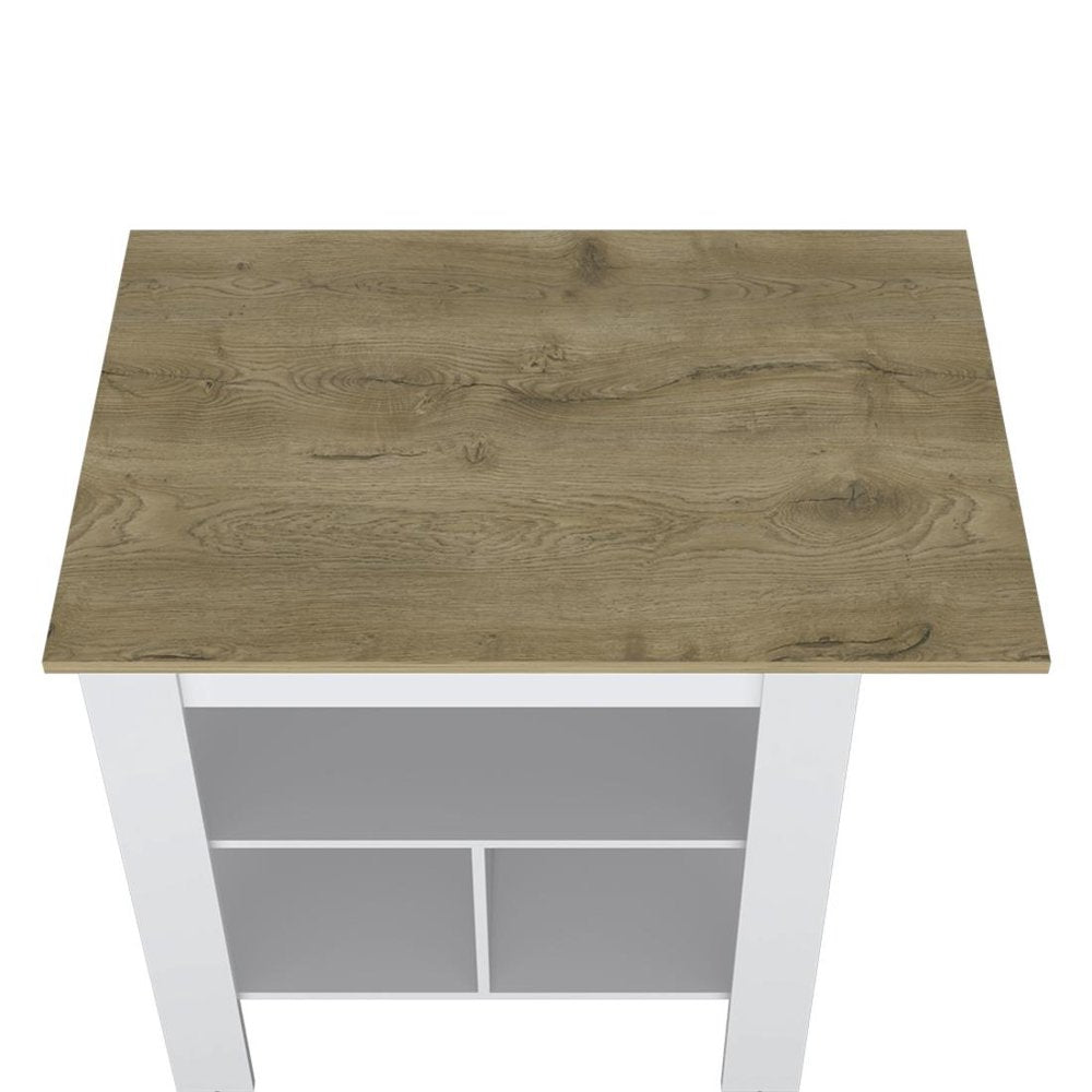 35" Natural and White Wood Kitchen Island With Storage. Kitchen cart isolated on a plain white background, in a tan wood finish.